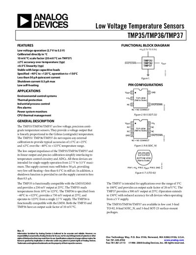 Analog Devices TMP35/TMP36/TMP37 Temperature Sensors Datasheet - cover page