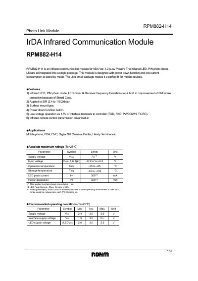ROHM RPM882-H14 Infrared Communication Module Datasheet - cover page