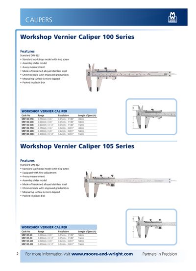 Moore Workshop Vernier Caliper 100 Series Product Leaflet - cover page