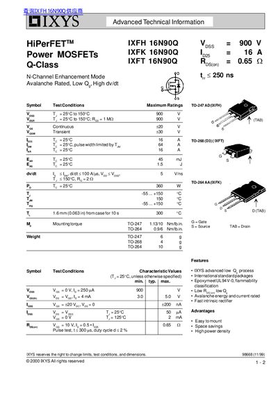 IXYS IXFH 16N90Q IXFK 16N90Q IXFT 16N90Q handbook - cover page