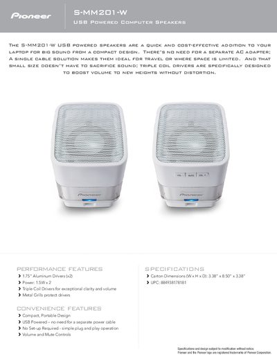 Pioneer S-MM201-W USB Powered Computer Speakers Product Leaflet - cover page