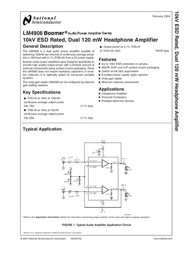 National Semiconductor LM4908 Dual 120 mW Headphone Amplifier 10kV ESD Rated Datasheet - cover page
