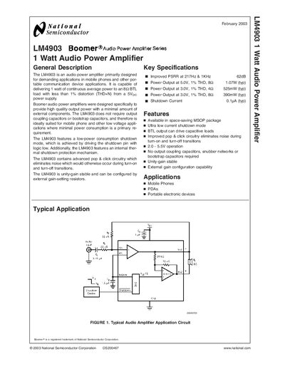 National Semiconductor LM4903 Audio Power Amplifier Datasheet - cover page