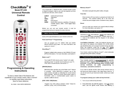 CheckMate RT-U50 Universal Remote Control Programming & Operating Instructions - cover page
