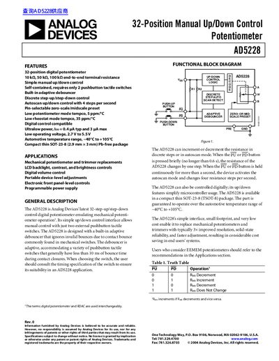 Analog Devices AD5228 Digital Potentiometer Datasheet