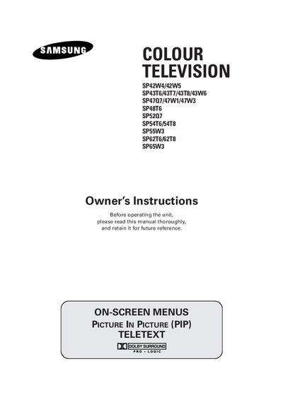SamsungTVManual:SP42W4/42W5SP43T6/43T7/43T8/43W6SP47Q7/47W1/47W3SP48T6SP52Q7SP54T6/54T8SP55W3SP62T6/62T8SP65W3 - cover page