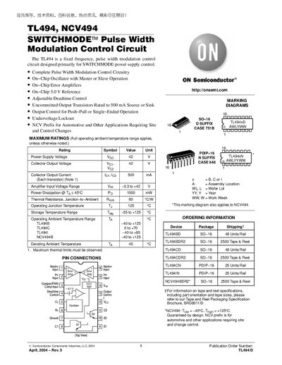 ON Semiconductor TL494 / NCV494 Datasheet - cover page