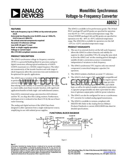 Analog Devices AD652 Voltage-to-Frequency Converter Datasheet - cover page