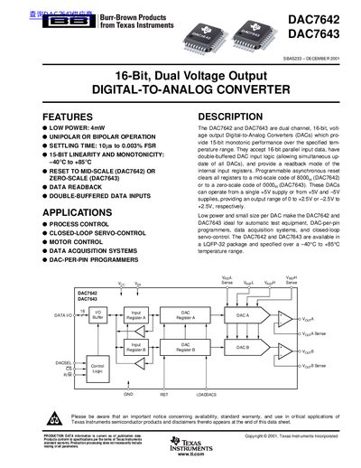 Texas Instruments DAC7642/DAC7643 16-Bit Dual Voltage Output Digital-to-Analog Converter Handbook - cover page