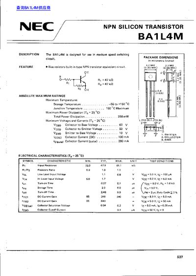 NEC BA1L4M NPN Silicon Transistor Datasheet - cover page