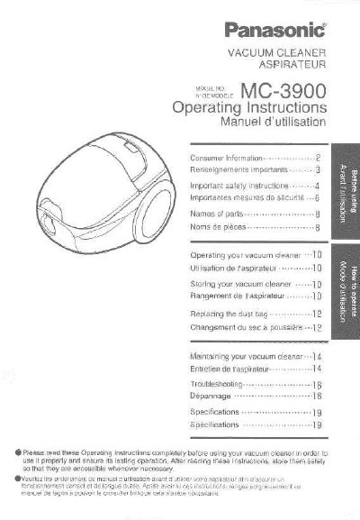 Panasonic MC-3900 Vacuum Cleaner Operating Instructions - cover page