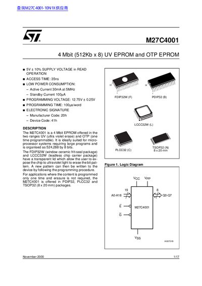 STMicroelectronics M27C4001 4 Mbit UV/OTP EPROM Datasheet - cover page