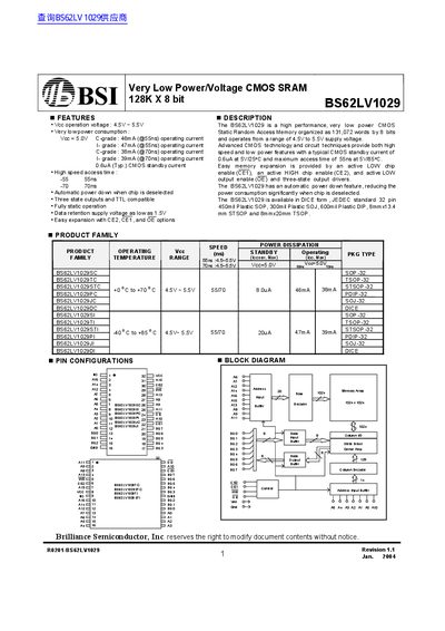 BSI BS62LV1029 128K×8‑bit SRAM Datasheet - cover page