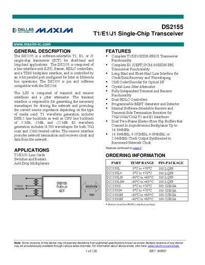 Maxim DS2155 Single-Chip Transceiver Datasheet - cover page