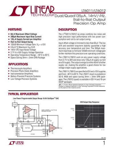 Linear Technology LT6011/LT6012 Op Amp Datasheet - cover page
