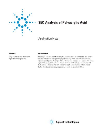 Agilent SEC Analysis of Polyacrylic Acid Application Note - cover page