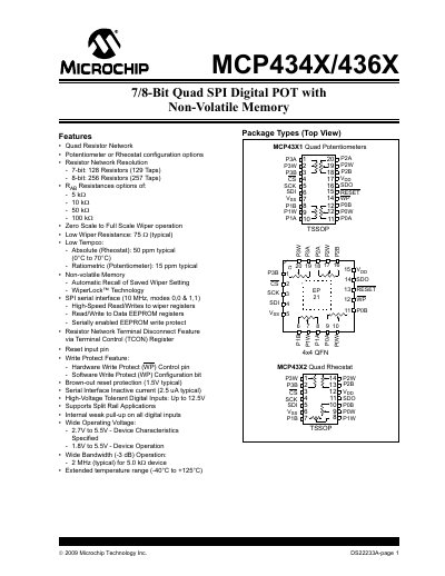 Microchip MCP434X/436X 7/8‑Bit Quad SPI Digital POT with Non‑Volatile Memory Datasheet - cover page
