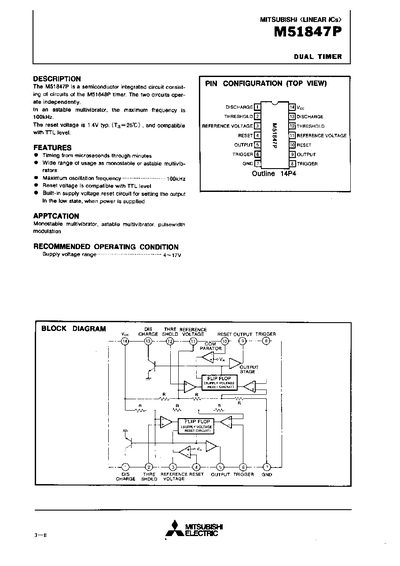 Mitsubishi M51847P Dual Timer Datasheet - cover page