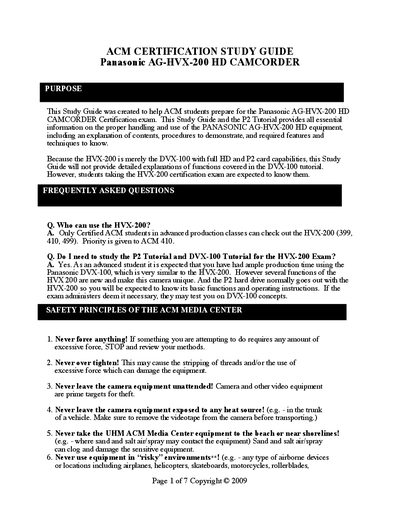 Panasonic AG-HVX-200 HD Camcorder Study Guide - cover page