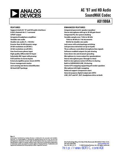 Analog Devices AD1986A Codec Datasheet - cover page