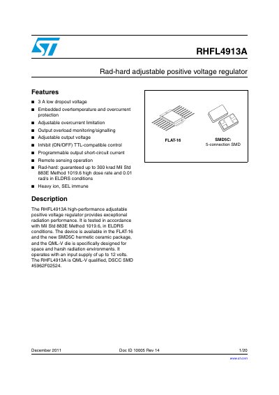 STMicroelectronics RHFL4913A Rad-hard Adjustable Positive Voltage Regulator Datasheet