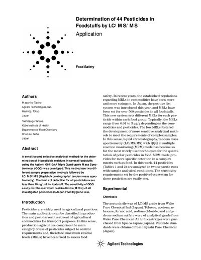 Agilent G6410AA Triple Quadrupole Mass Spectrometer Pesticide Determination Application Note - cover page