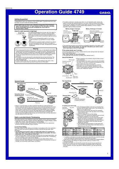 Casio 4749 1MO0701-EA Watch Operation Guide - cover page