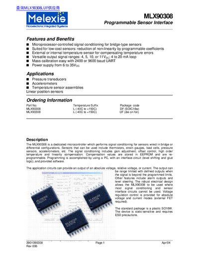 Melexis MLX90308 Programmable Sensor Interface Handbook - cover page