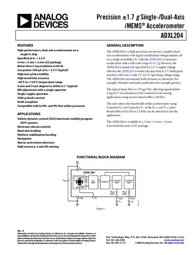 Analog Devices ADXL204 Accelerometer Datasheet - cover page