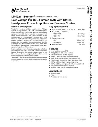 National Semiconductor LM4921 Low Voltage I2S 16‑Bit Stereo DAC with Headphone Power Amplifiers Datasheet - cover page