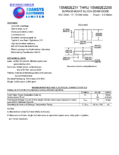 TRANSYS ELCTRONICS 1SMB2EZ11 THRU 1SMB2EZ200 SURFACE MOUNT SILICON ZENER DIODE - cover page
