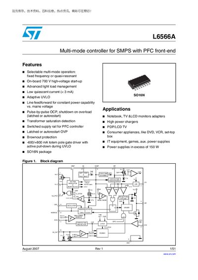 STMicroelectronics L6566A Multi-mode Controller for SMPS with PFC Front-end Datasheet - cover page