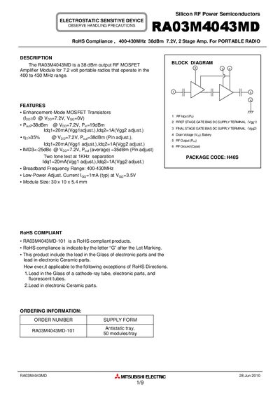 Mitsubishi Electric RA03M4043MD Datasheet - cover page