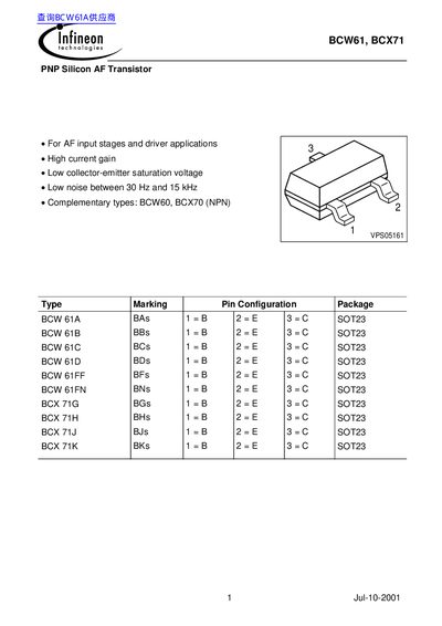 Infineon BCW61/BCX71 PNP Silicon AF Transistor Datasheet - cover page