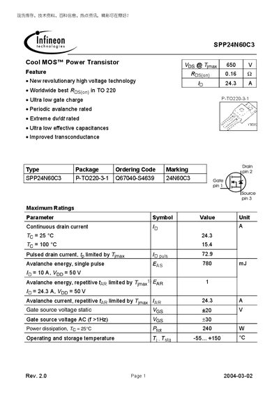 Infineon SPP24N60C3 Power Transistor Datasheet - cover page
