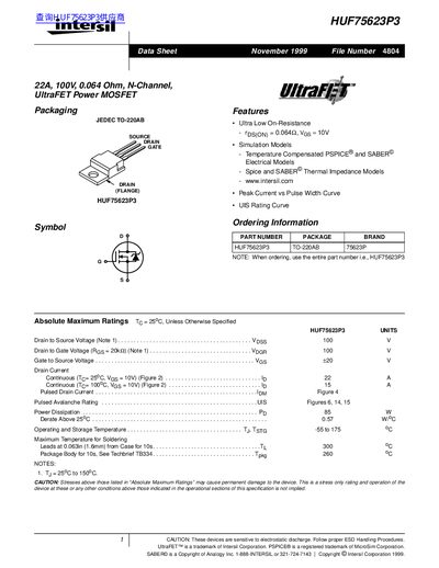 Intersil HUF75623P3 UltraFET Power MOSFET Datasheet - cover page