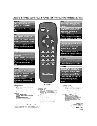 Panasonic EUR501375 Remote Control Guide - cover page