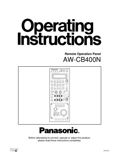 Panasonic AW-CB400N Remote Operation Panel Manual - cover page