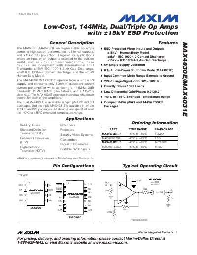 MAXIM MAX4030E/MAX4031E Low-Cost 144MHz Dual/Triple Op Amps with &plusmn;15kV ESD Protection handbook - cover page