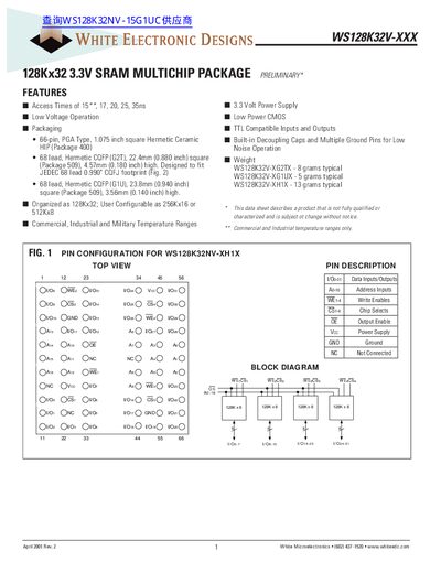 White WS128K32V-XXX SRAM Data Sheet - cover page