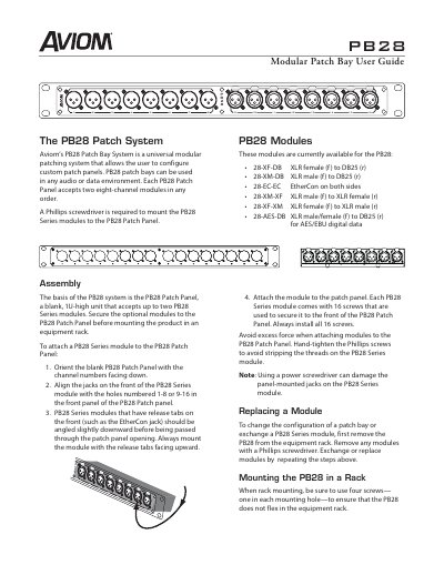 Aviom PB28 Modular Patch Bay User Guide - cover page