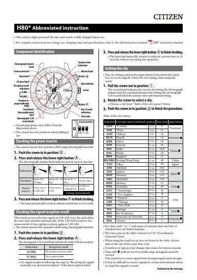 Citizen H80 Light-Powered Radio-Controlled Watch Instruction Manual - cover page