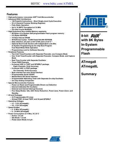 Atmel ATmega8/ATmega8L Datasheet - cover page