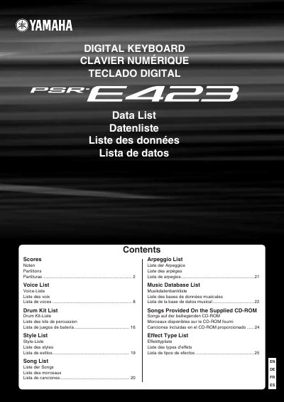 Yamaha PSR-E423 Digital Keyboard Data List - cover page