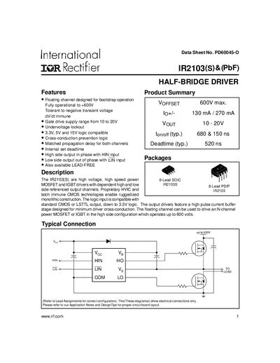 International Rectifier IR2103S (PbF) Half-Bridge Driver Datasheet - cover page