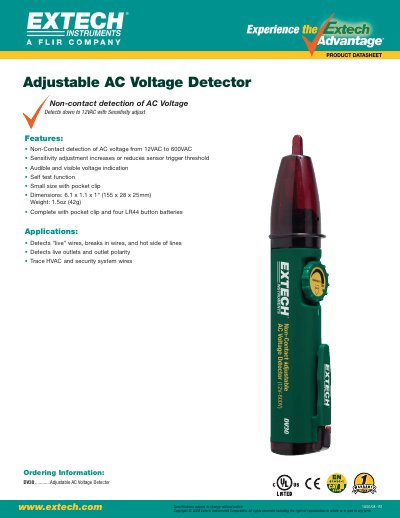 Extech DV30 Adjustable AC Voltage Detector Product Leaflet - cover page
