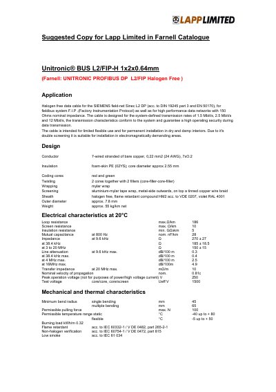 Lapp Unitronic BUS L2/FIP-H 1x2x0.64mm Product Data Sheet - cover page