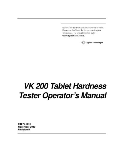 Agilent VK 200 Tablet Hardness Tester Operator's Manual - cover page