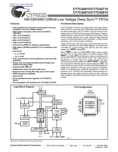 Cypress CY7C4261V/CY7C4271V/CY7C4281V/CY7C4291V FIFO Memory Datasheet - cover page