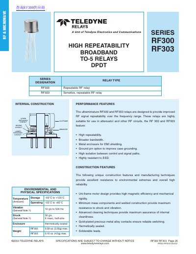 Teledyne Relays RF300/RF303 Series RF Relay Datasheet - cover page